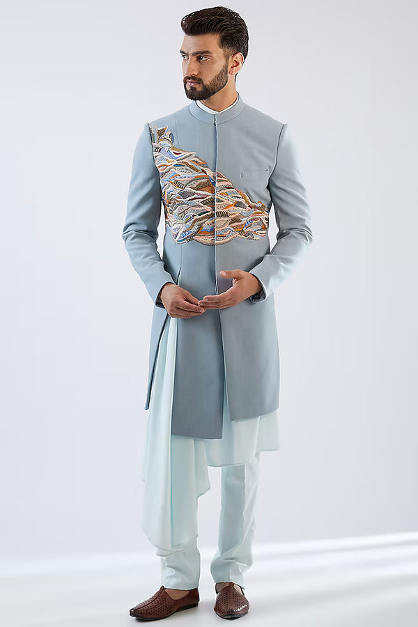 Blue Terry Rayon Hand Embroidered Indowestern Set