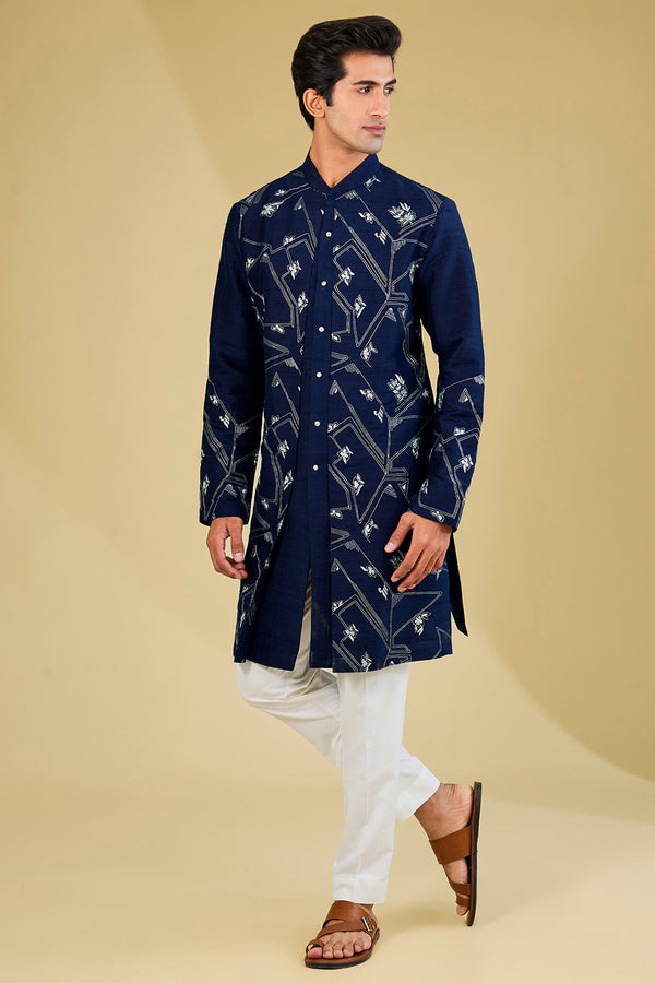 Navy Silk Zari Embroidered Kurta Set
