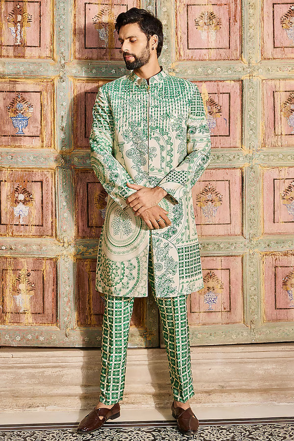 Dark Green Dola Silk Printed Indowestern Jacket Set