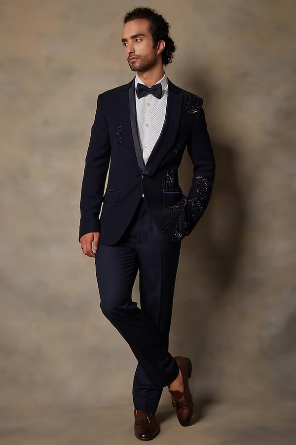 Navy Blue Polyester Embroidered Tuxedo Set