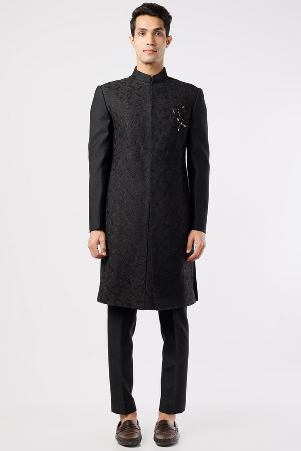 Black Slub Silk Motif Embroidered sherwani Set