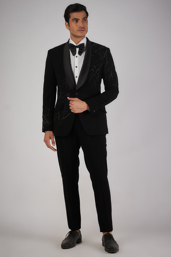 Black Sandwash Pearl Embroidered Tuxedo Set