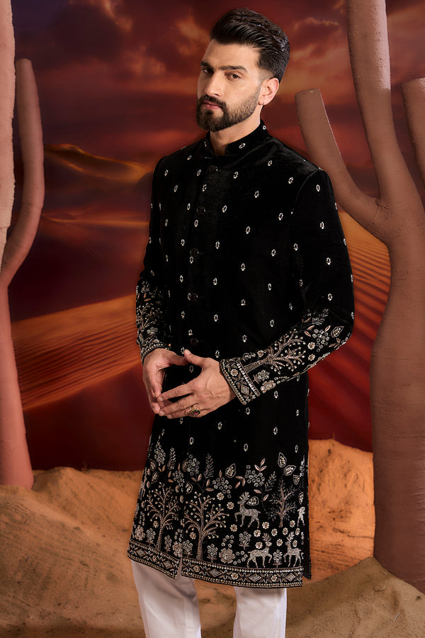 Black Velvet Cutdana Hand Embroidered Sherwani
