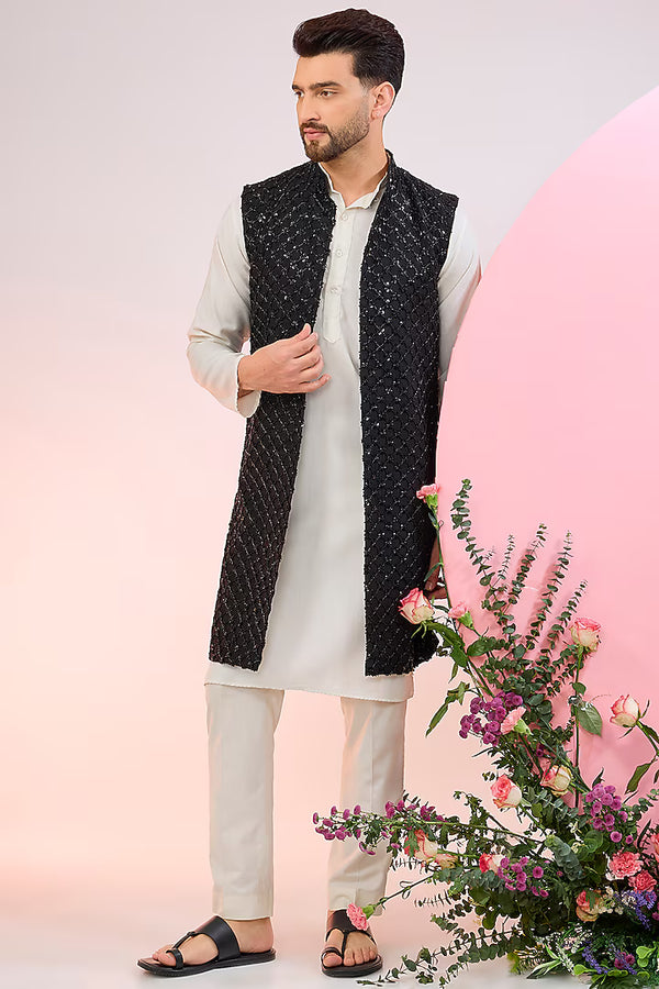 Black Silk Cutdana Embroidered Indowestern Jacket