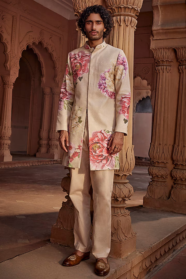 Beige Raw Silk Floral Indo-Western Set