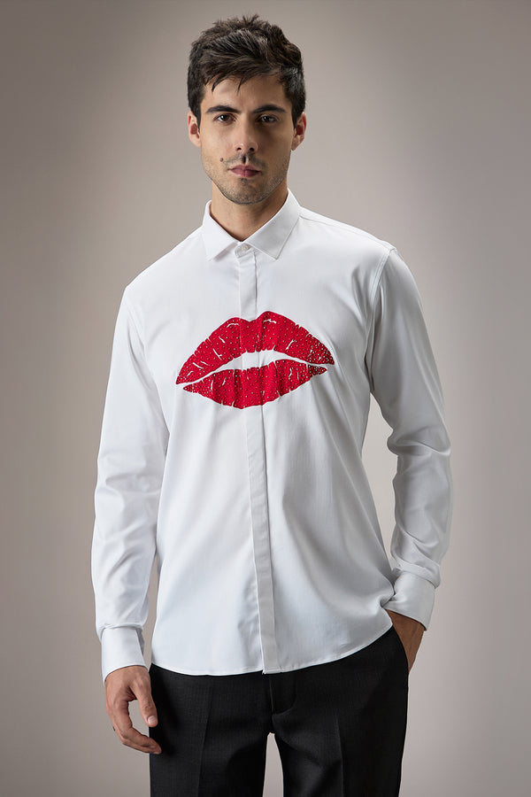 White Cotton Lips Hand Embroidered Shirt