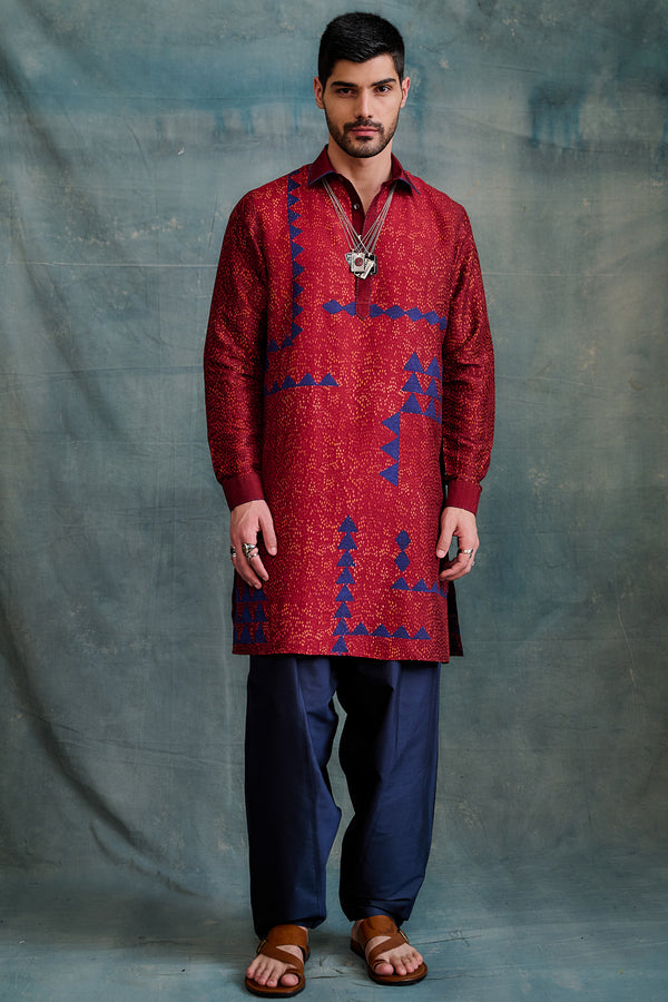 Maroon Tussar Block Printed & Zardosi Embroidered Kurta Set