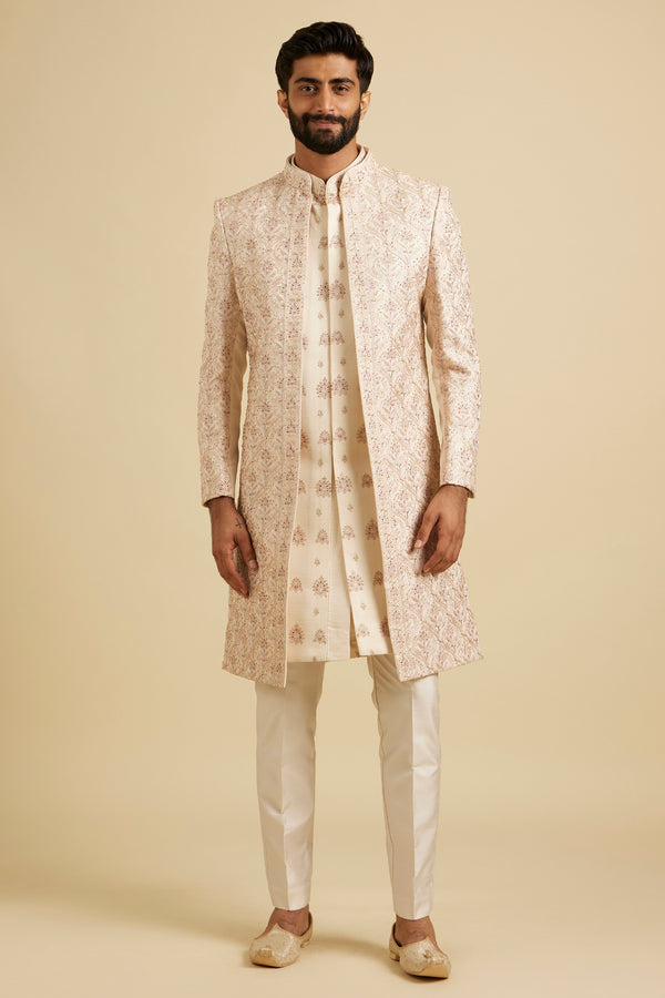 Beige Satin Mirror Work Sherwani Set