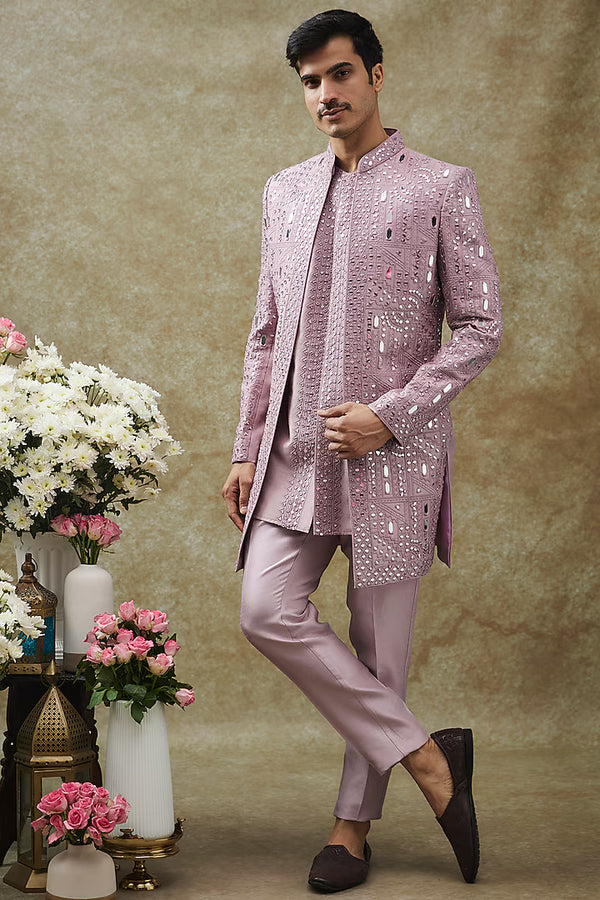 Purple Splendid Silk Mirror Work Indowestern Set