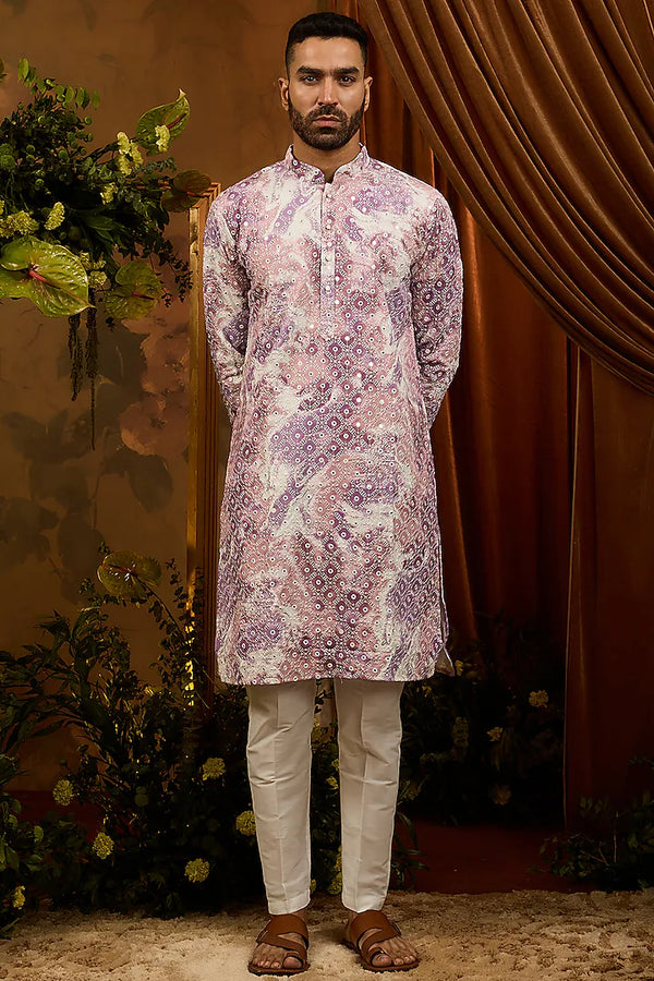 Purple Silk Mirror Work & Embroidered Kurta Set