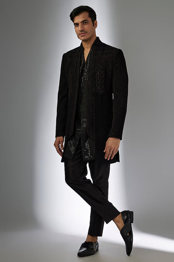Black Japanese Zari Embroidered Indo-Western Set