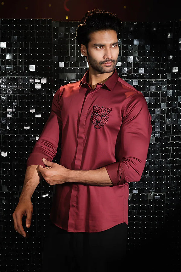 Maroon Stretchable Cotton Tiger Face Cutdana Hand Embroidered Shirt