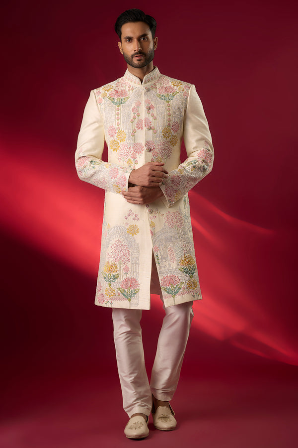 Ivory Raw Silk Hand & Machine Embroidered Sherwani Set