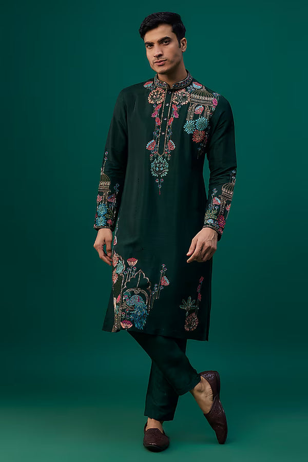 Emerald Green Tussar Resham Hand & Machine Embroidered Kurta Set