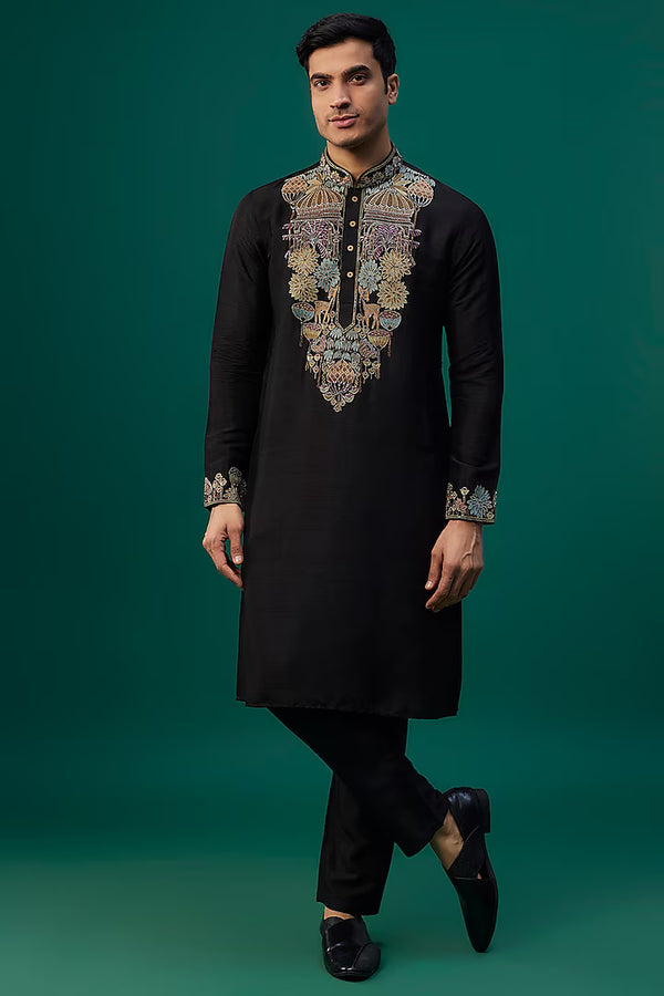 Black Tussar Resham Hand & Machine Embroidered Kurta Set