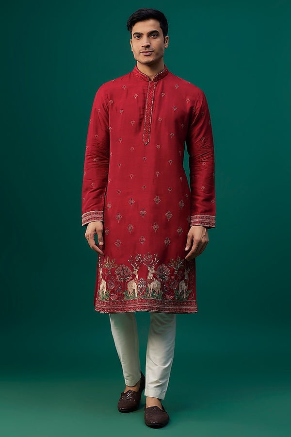 Red Tussar Resham Hand & Machine Embroidered Kurta Set