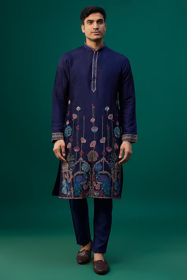 Navy Blue Tussar Resham Hand & Machine Embroidered Kurta Set