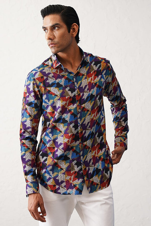 Multi-Colored Cotton Houndstooth Printed Shirt