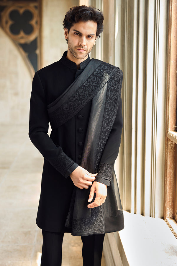 Black Italian Crepe Thread Embroidered Sherwani Set