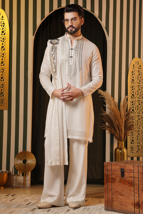 Off-White Sequin Georgette Embellished Kurta Set