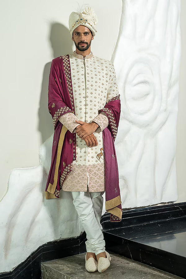 Ivory Turkish Jacquard Zardosi Handwork Sherwani Set