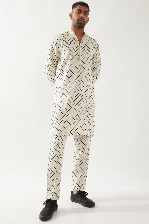 Ivory Linen Printed Kurta Set