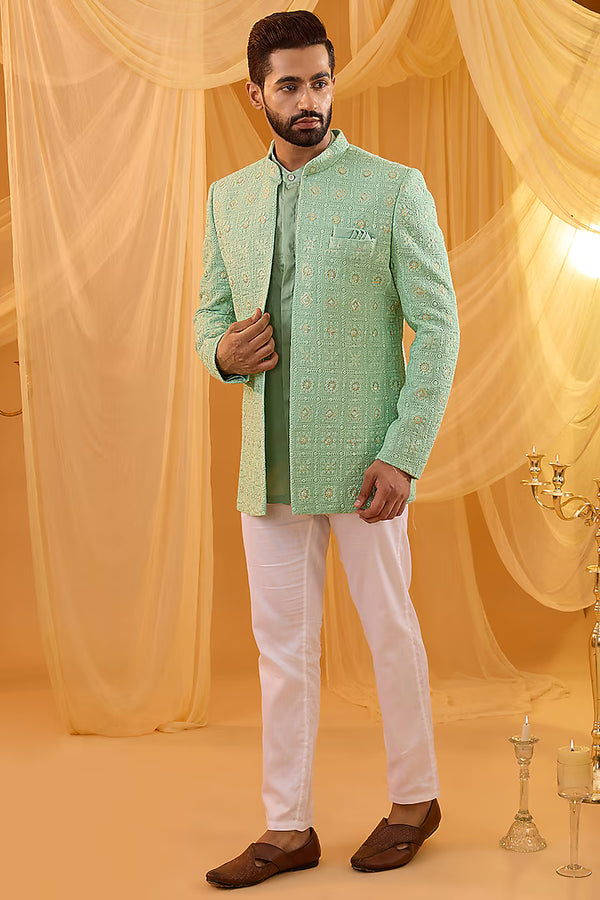 Mint Green Viscose Applique Embroidered Indo-Western Set