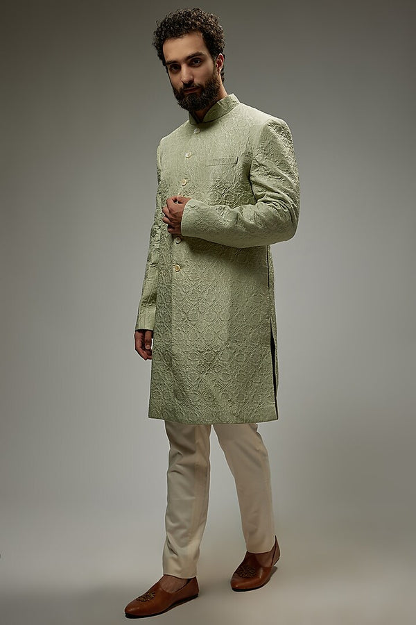 Mint Green Silk Embroidered Sherwani Set