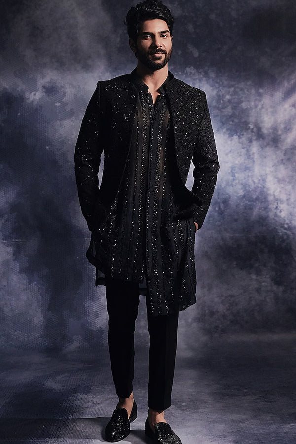 Ebony Black Poly Blend Suiting Embroidered Indo-Western Set