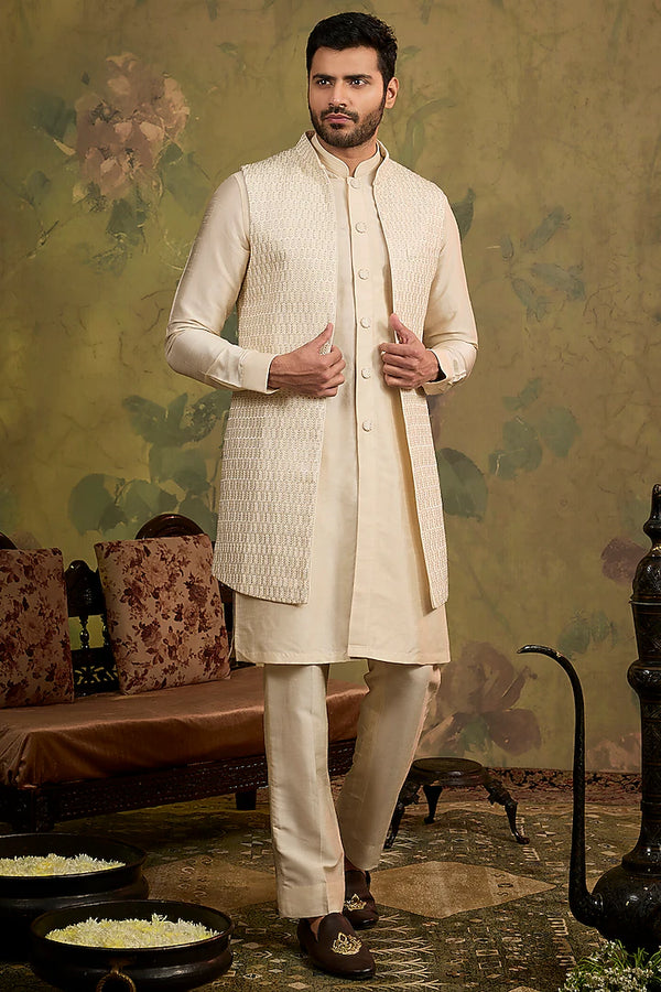 Pearl-Toned Silk Zari Indowestern Set